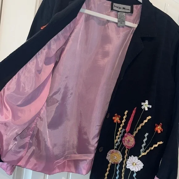 Vintage black floral wearable art blazer jacket sz XL boho hippie mixed media - Picture 3 of 9